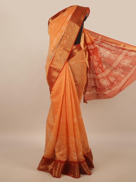

Pothys Orange & Red Floral Cotton Blend Zari Saree