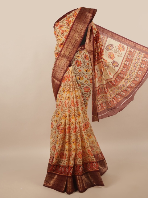

Pothys Cream-Coloured & Yellow Floral Cotton Blend Zari Saree