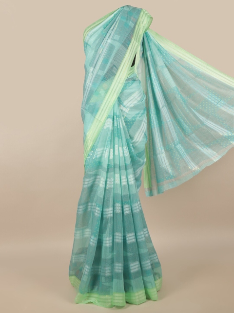 

Pothys Turquoise Blue & Green Striped Cotton Blend Saree