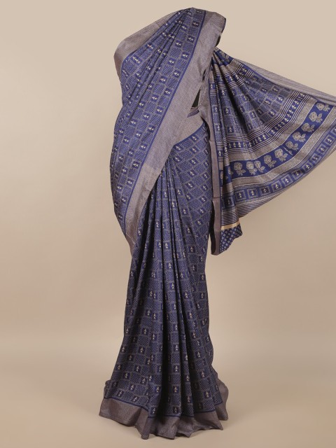 

Pothys Blue & Silver-Toned Checked Saree