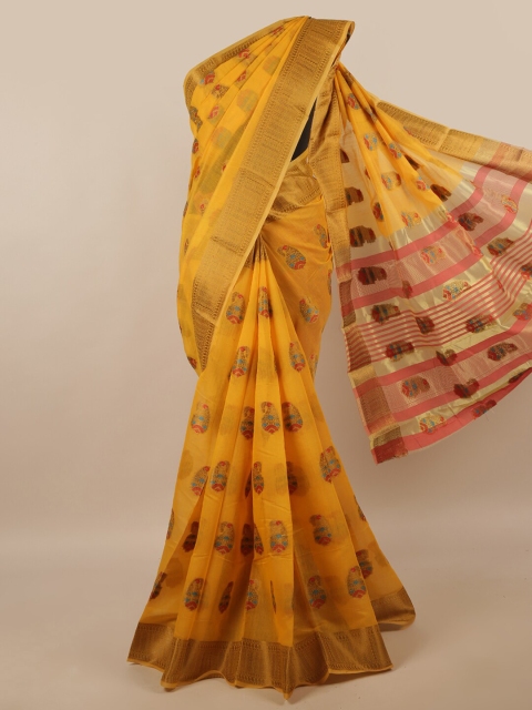 

Pothys Mustard Yellow & Red Woven Design Zari Saree