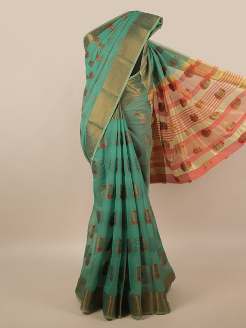 

Pothys Green & Gold-Toned Ethnic Motifs Cotton Blend Zari Saree