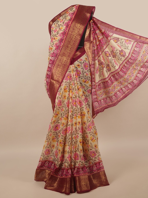 

Pothys Cream-Coloured & Magenta Floral Saree