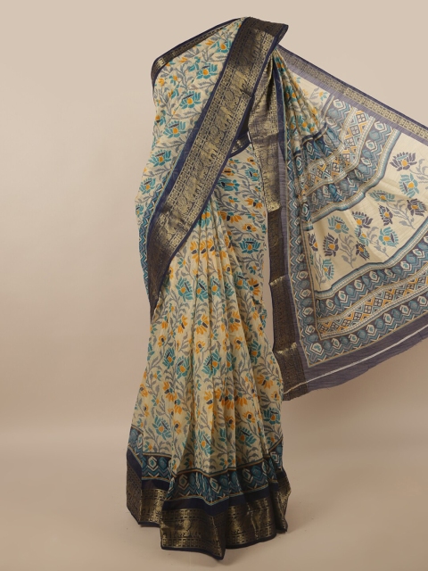 

Pothys Cream-Coloured & Blue Floral Zari Saree