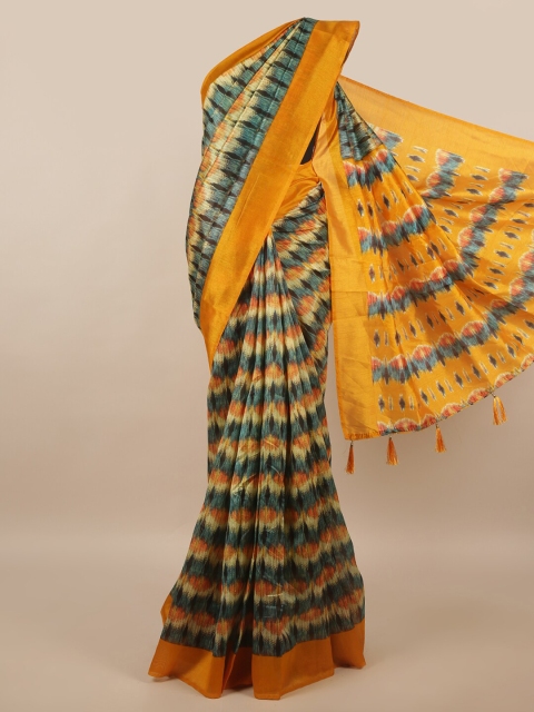 

Pothys Teal & Yellow Abstract Printed Cotton Blend Saree