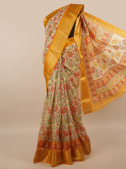 

Pothys Cream-Coloured & Orange Floral Saree