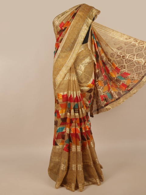 

Pothys Cream & Orange Cotton Blend Saree