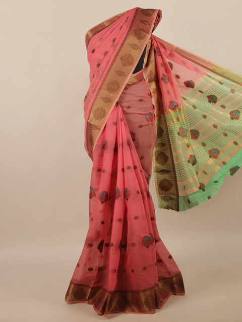 

Pothys Pink & Green Ethnic Motifs Zari Saree