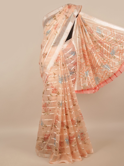 

Pothys Peach-Coloured & Silver Floral Cotton Blend Saree