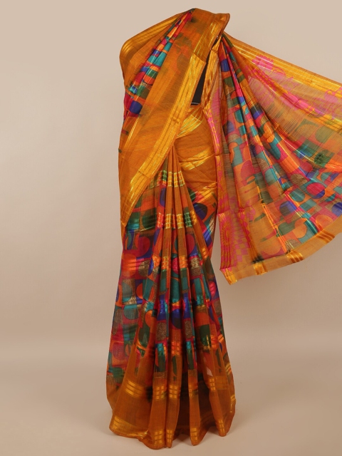 

Pothys Mustard & Blue Printed Cotton Blend Saree