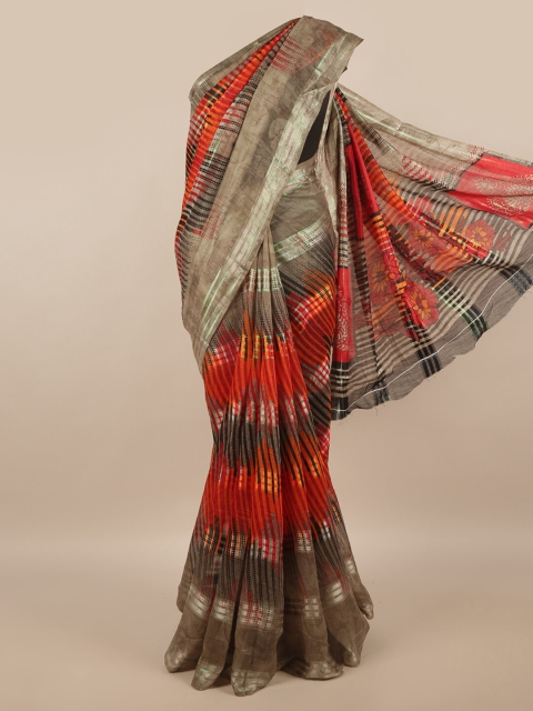 

Pothys Grey & Orange Striped Cotton Blend Saree
