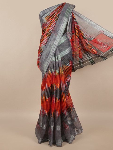 

Pothys Grey & Orange Striped Saree