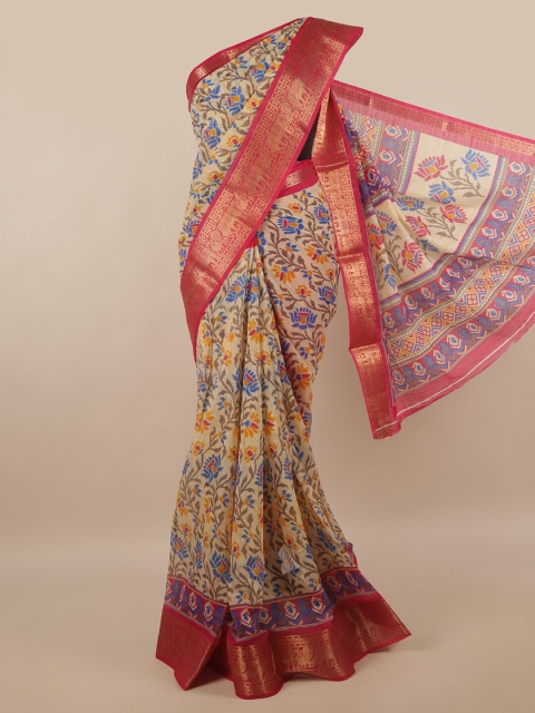 

Pothys Cream-Coloured Pink Floral Printed Cotton Blend Saree