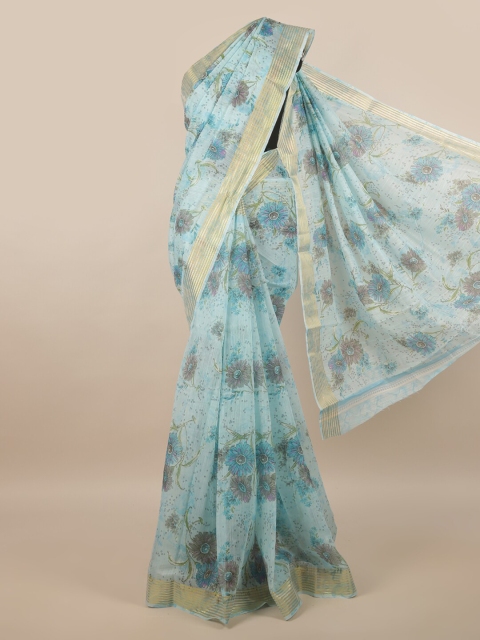 

Pothys Turquoise Blue & Grey Floral Zari Saree