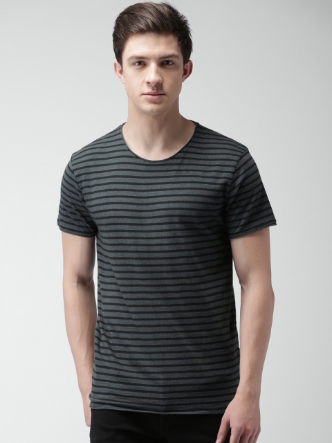 

SELECTED Men Charcoal Grey & Black Striped Round Neck T-Shirt
