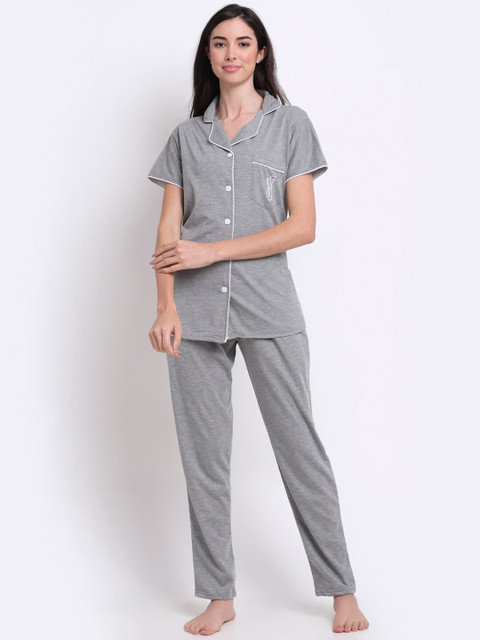 

Secret Wish Women Grey & White Pure Cotton Night suit