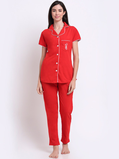 

Secret Wish Women Red & White Pure Cotton Night Suit