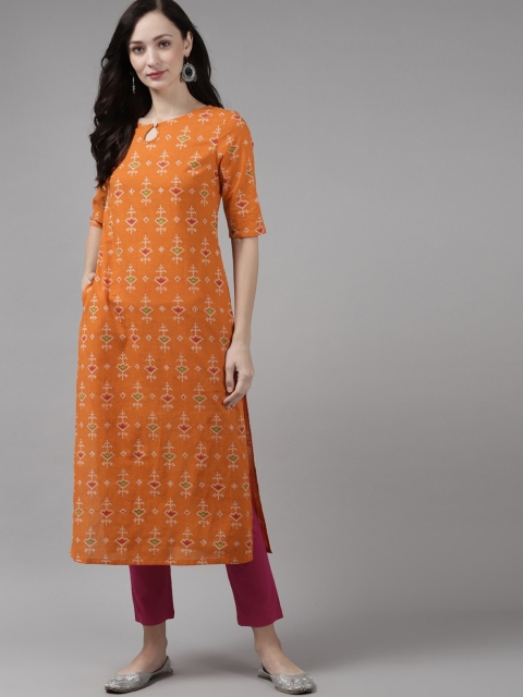

Amirah s Women Orange Ethnic Motifs Printed Keyhole Neck Floral Pathani Kurta