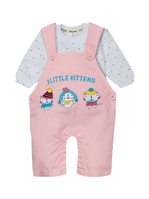 

Little Folks Infant Kids Pink & Grey Cotton Dungarees With T-Shirt