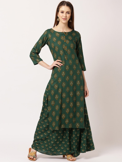 

THE NKS PLUS Women Green Floral Printed Regular Kurta with Skirt