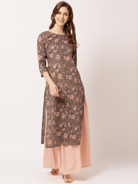 

THE NKS PLUS Women Taupe Floral Printed Regular Pure Cotton Kurta with Skirt