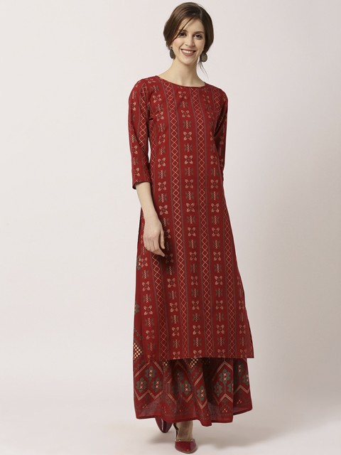 

THE NKS PLUS Women Maroon Printed Kurta with Skirt