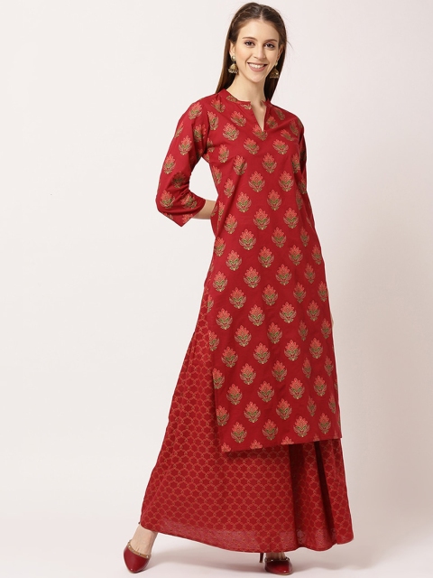 

THE NKS PLUS Women Maroon Ethnic Motifs Printed Regular Pure Cotton Kurta with Skirt
