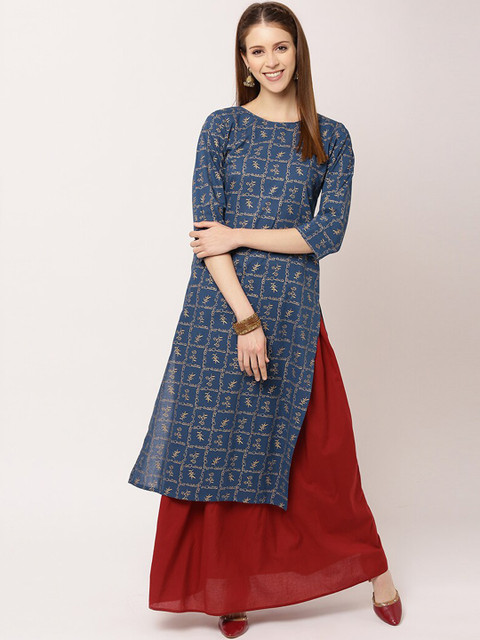

THE NKS PLUS Women Blue Ethnic Motifs Printed Regular Pure Cotton Kurta with Sharara