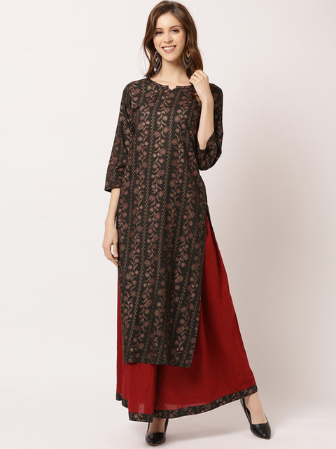 

THE NKS PLUS Women Black & Maroon Floral Printed Regular Pure Cotton Kurta with Skirt