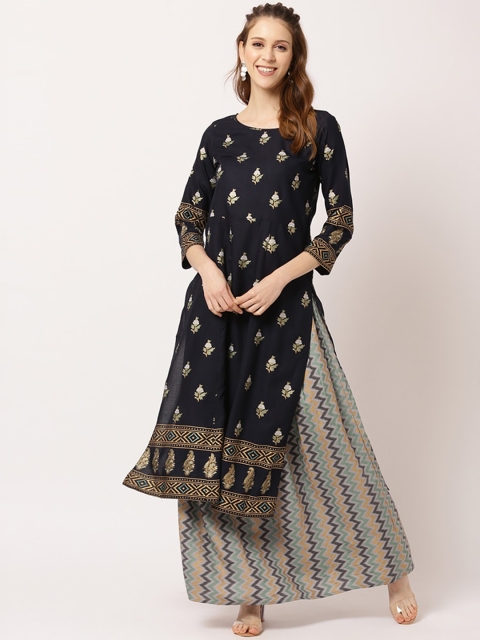 

THE NKS PLUS Women Navy Blue Printed Cotton Kurti with Skirt