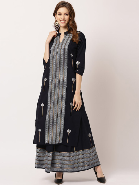 

THE NKS PLUS Women Black Striped Pure Cotton Pure Cotton Kurta with Skirt