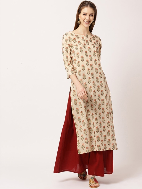 

THE NKS PLUS Women Beige Floral Printed Regular Pure Cotton Kurta with Skirt