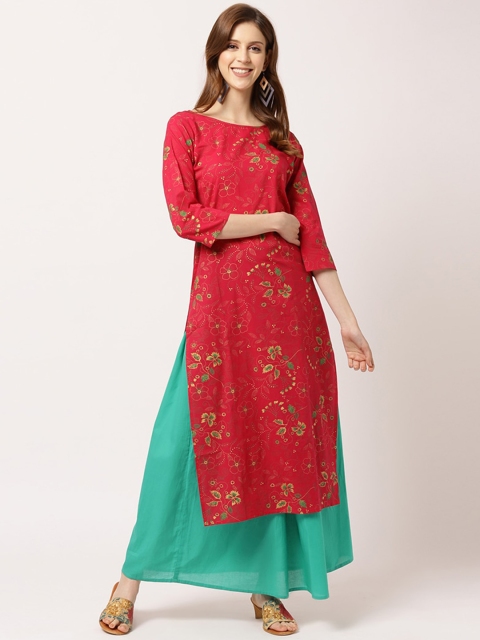 

THE NKS PLUS Women Pink & Green Floral Printed Regular Pure Cotton Kurta with Skirt