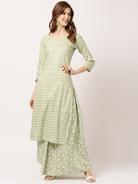 

THE NKS PLUS Women Green & White Ethnic Motifs Printed Regular Kurta with Skirt