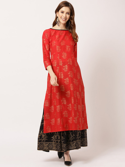 

THE NKS PLUS Women Red & Black Ethnic Motifs Printed Pure Cotton Kurta with Skirt