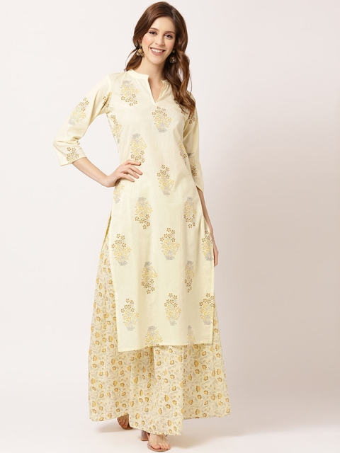 

THE NKS PLUS Women Cream-Coloured Ethnic Motifs Printed Regular Pure Cotton Kurta with Palazzos