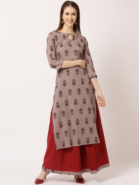 

THE NKS PLUS Women Grey Ethnic Motifs Printed Regular Pure Cotton Kurta with Skirt