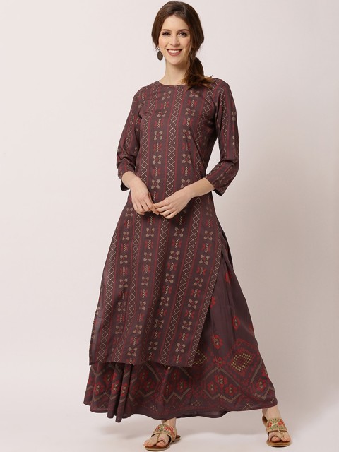 

THE NKS PLUS Women Brown Ethnic Motifs Printed Pure Cotton Kurta with Skirt