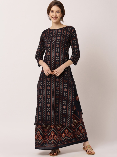 

THE NKS PLUS Women Navy Blue Printed Kurti with Skirt