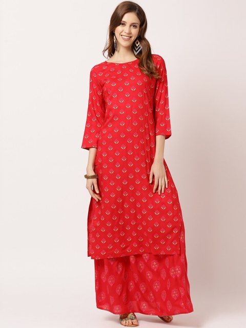 

THE NKS PLUS Women Red Ethnic Motifs Printed Kurta with Skirt