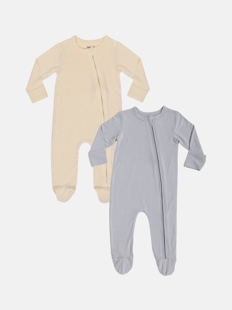 

Softsens Unisex Kids Pack Of 2 Beige & Grey Solid Rompers