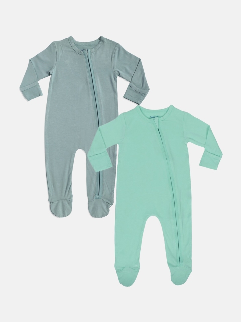 

Softsens Kids Pack of 2 Teal & Grey Solid Bamboo Zipper Footies