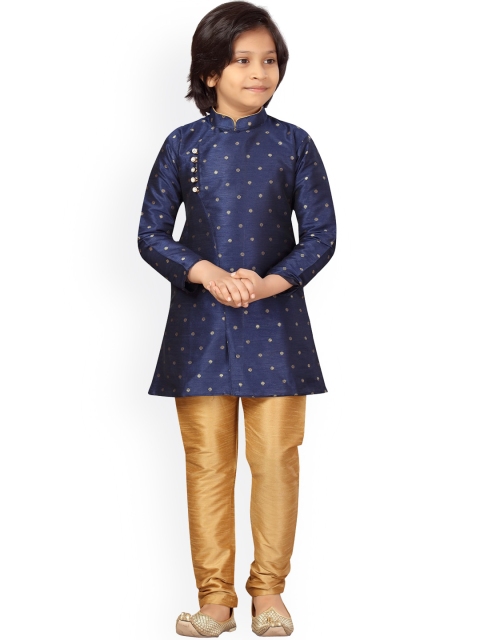 

LITTLE MAFIA BY Aarika Boys Navy Blue Ethnic Motifs Regular Pure Silk Kurta with Pyjamas