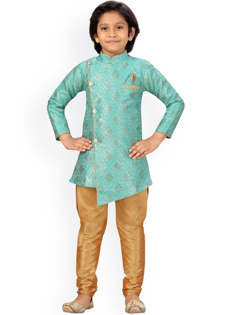 

LITTLE MAFIA BY Aarika Boys Turquoise Blue Ethnic Motifs Printed Angrakha Pure Silk Kurta with Churidar