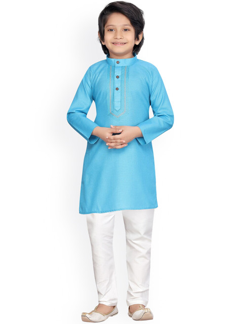 

LITTLE MAFIA BY Aarika Boys Turquoise Blue Embroidered Angrakha Pure Cotton Kurti with Pyjamas