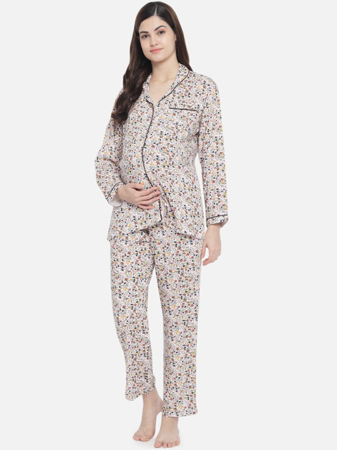 

Aujjessa Women Beige & Pink Printed Maternity Night suit