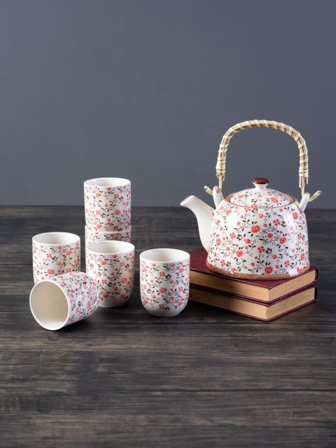 

THEDECORKART White & Red Floral Printed Ceramic Glossy Kettle Set