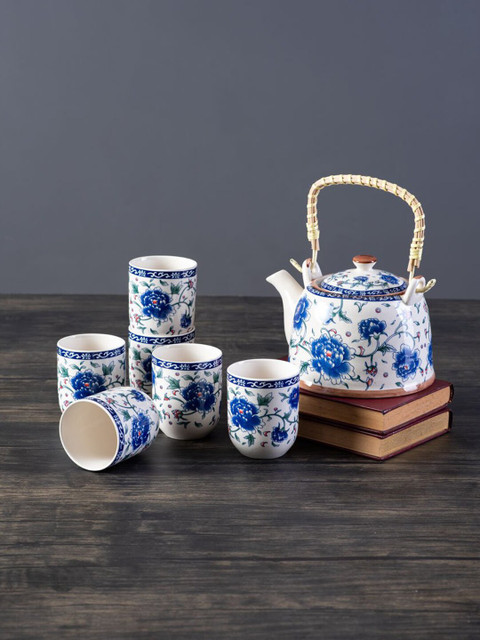 

THEDECORKART Set of 7 White & Blue Printed Ceramic Glossy Kettle Set