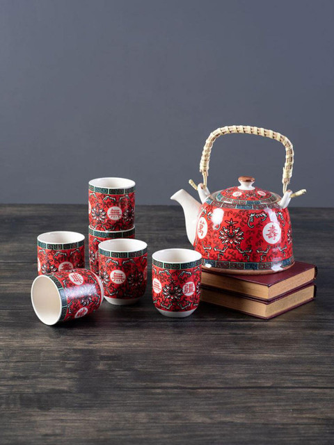 

THEDECORKART Red & White Set Of 7 Printed Ceramic Glossy Kettle with Tumblers