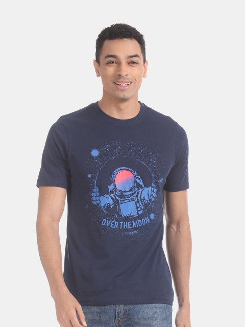 

Colt Men Blue Printed Mandarin Collar Applique T-shirt